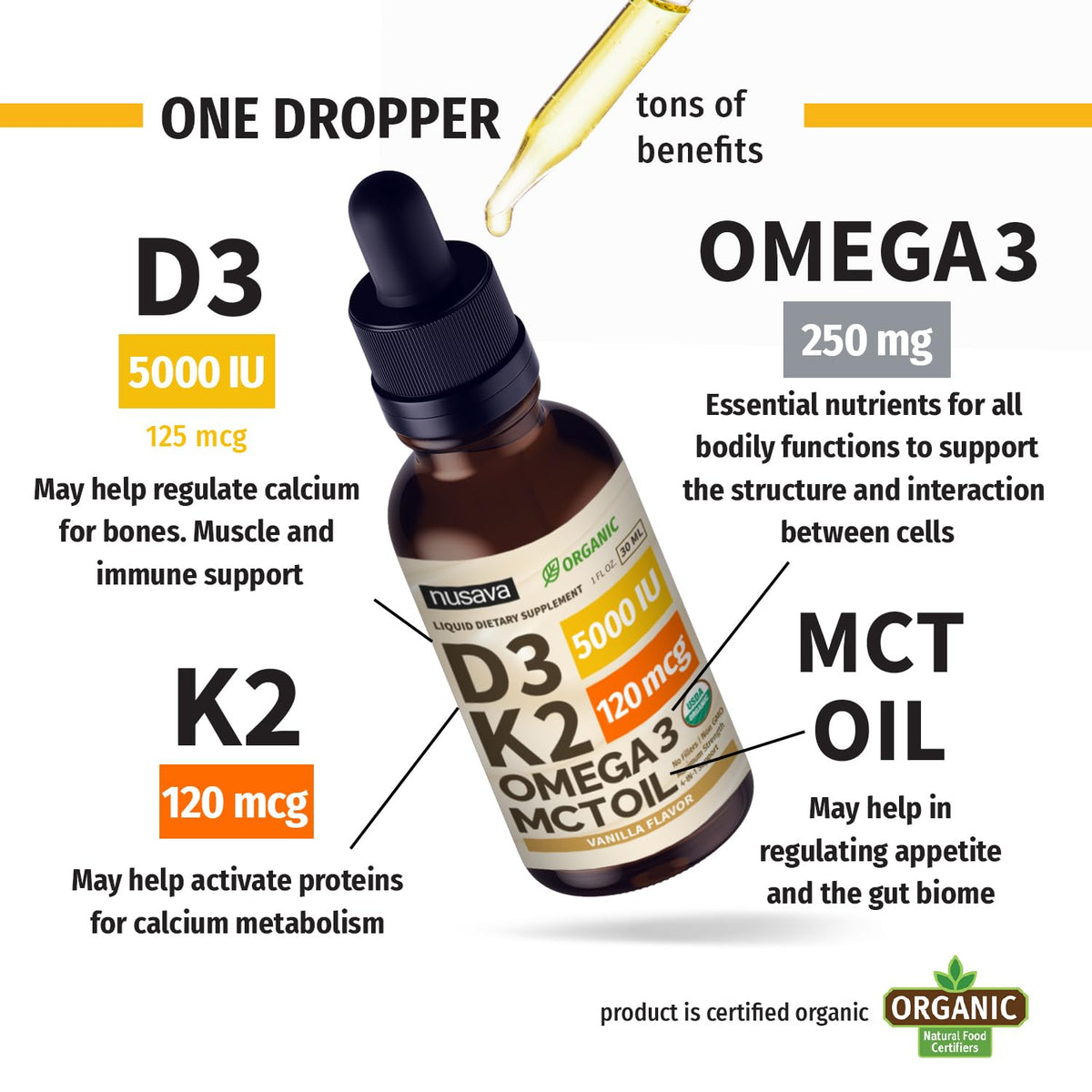NUSAVA Vitamin D3 K2 Drops with MCT Oil – 5000 IU, Vanilla (4 Pack)