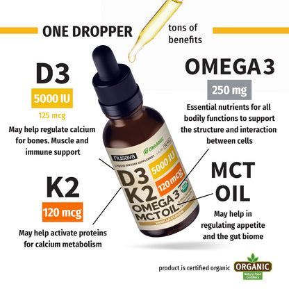 NUSAVA Vitamin D3 K2 Drops with MCT Oil – 5000 IU, Vanilla (4 Pack)