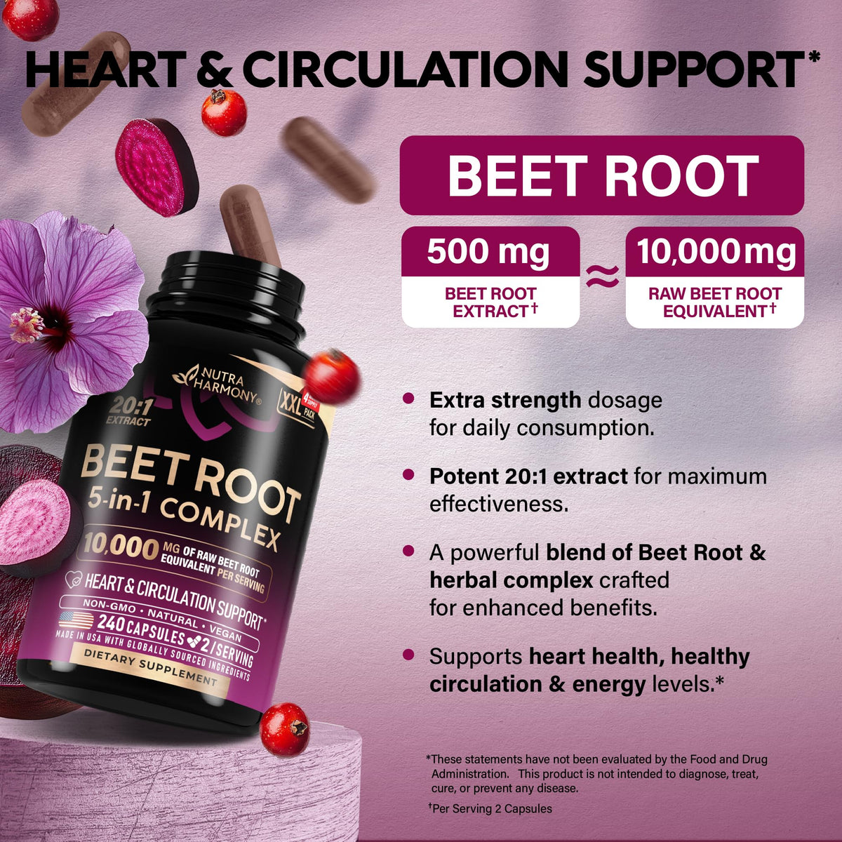 NutraHarmony Beet Root 5-in-1 Complex Capsules — Heart Health & Blood Pressure Support — 240 Capsules, Made in USA - Calm Era