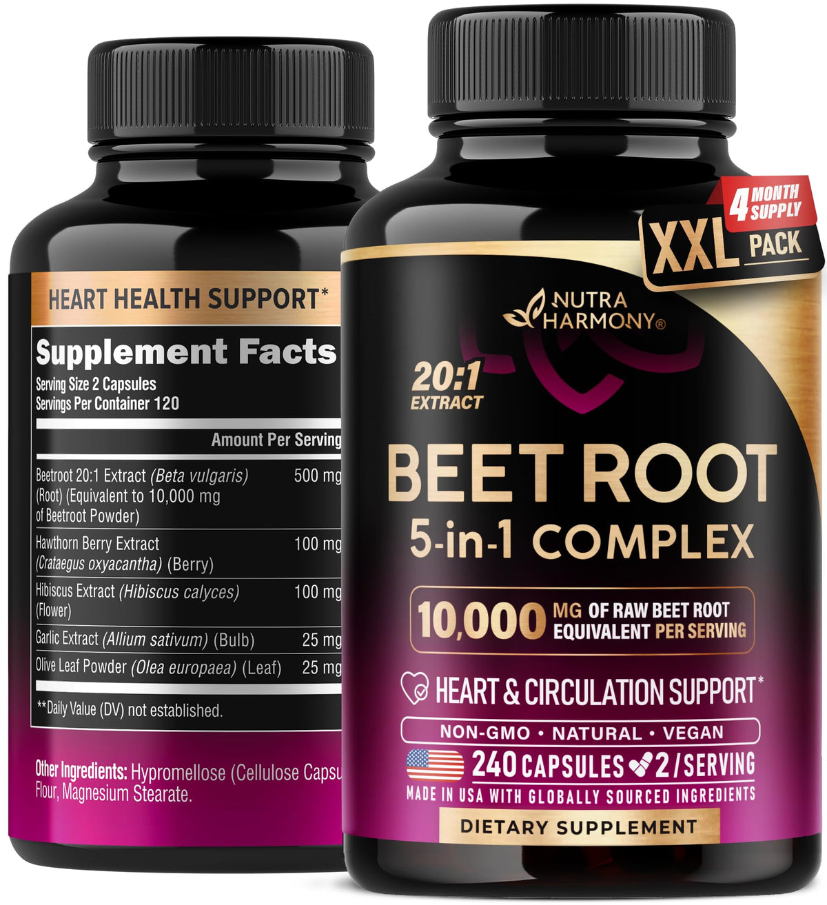 NutraHarmony Beet Root 5-in-1 Complex Capsules — Heart Health & Blood Pressure Support — 240 Capsules, Made in USA - Calm Era