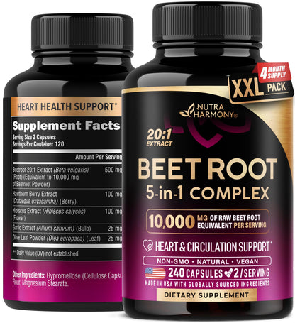 NutraHarmony Beet Root 5-in-1 Complex Capsules — Heart Health & Blood Pressure Support — 240 Capsules, Made in USA - Calm Era
