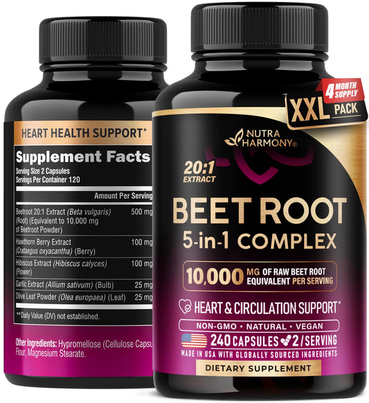NutraHarmony Beet Root 5-in-1 Complex Capsules — Heart Health & Blood Pressure Support — 240 Capsules, Made in USA - Calm Era