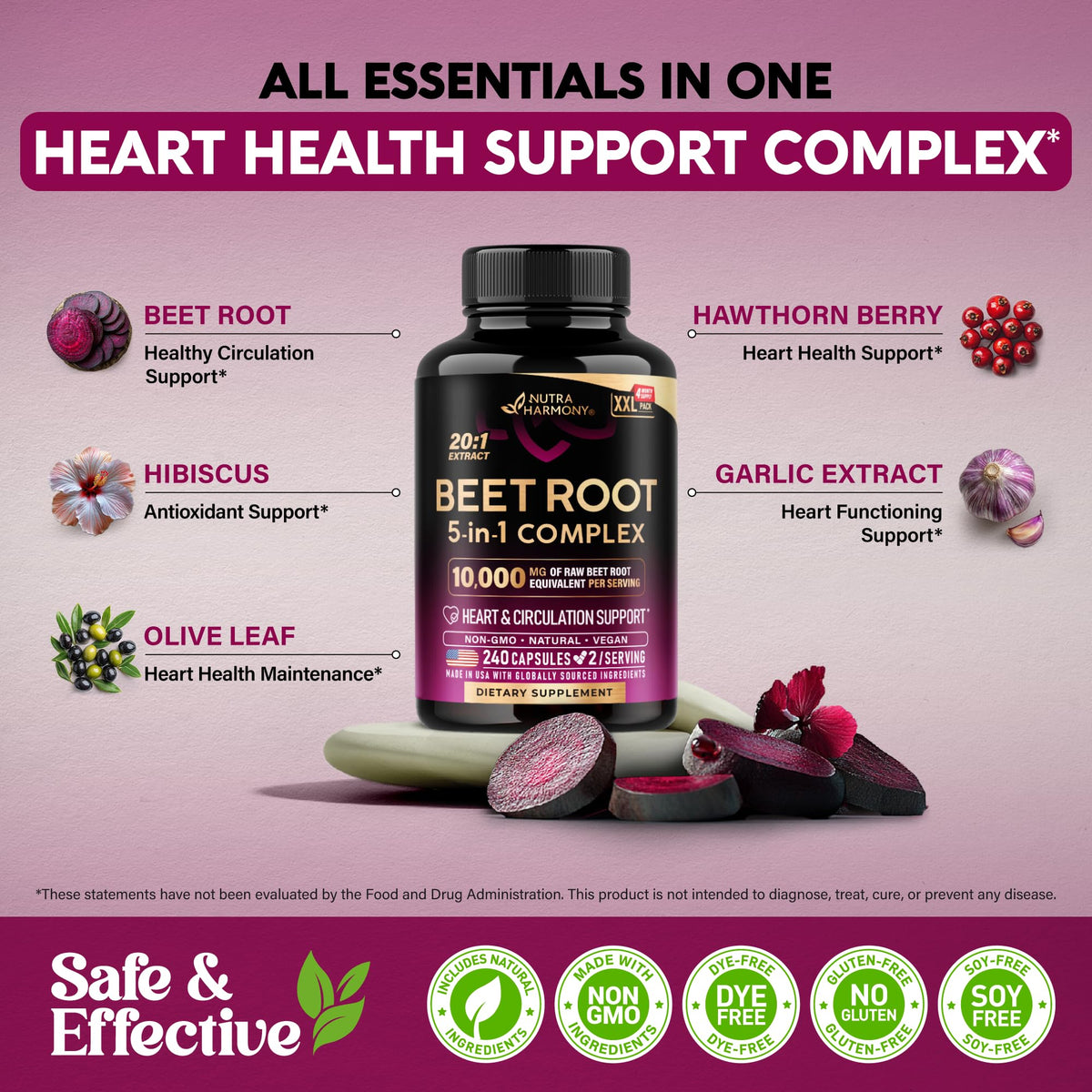 NutraHarmony Beet Root 5-in-1 Complex Capsules — Heart Health & Blood Pressure Support — 240 Capsules, Made in USA - Calm Era
