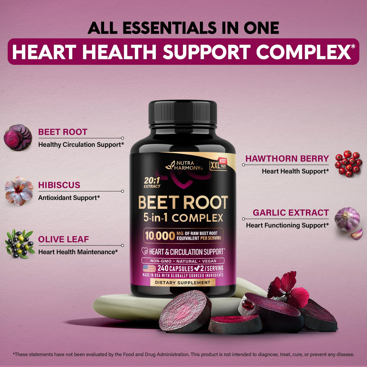 NutraHarmony Beet Root 5-in-1 Complex Capsules — Heart Health & Blood Pressure Support — 240 Capsules, Made in USA - Calm Era