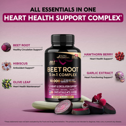 NutraHarmony Beet Root 5-in-1 Complex Capsules — Heart Health & Blood Pressure Support — 240 Capsules, Made in USA - Calm Era