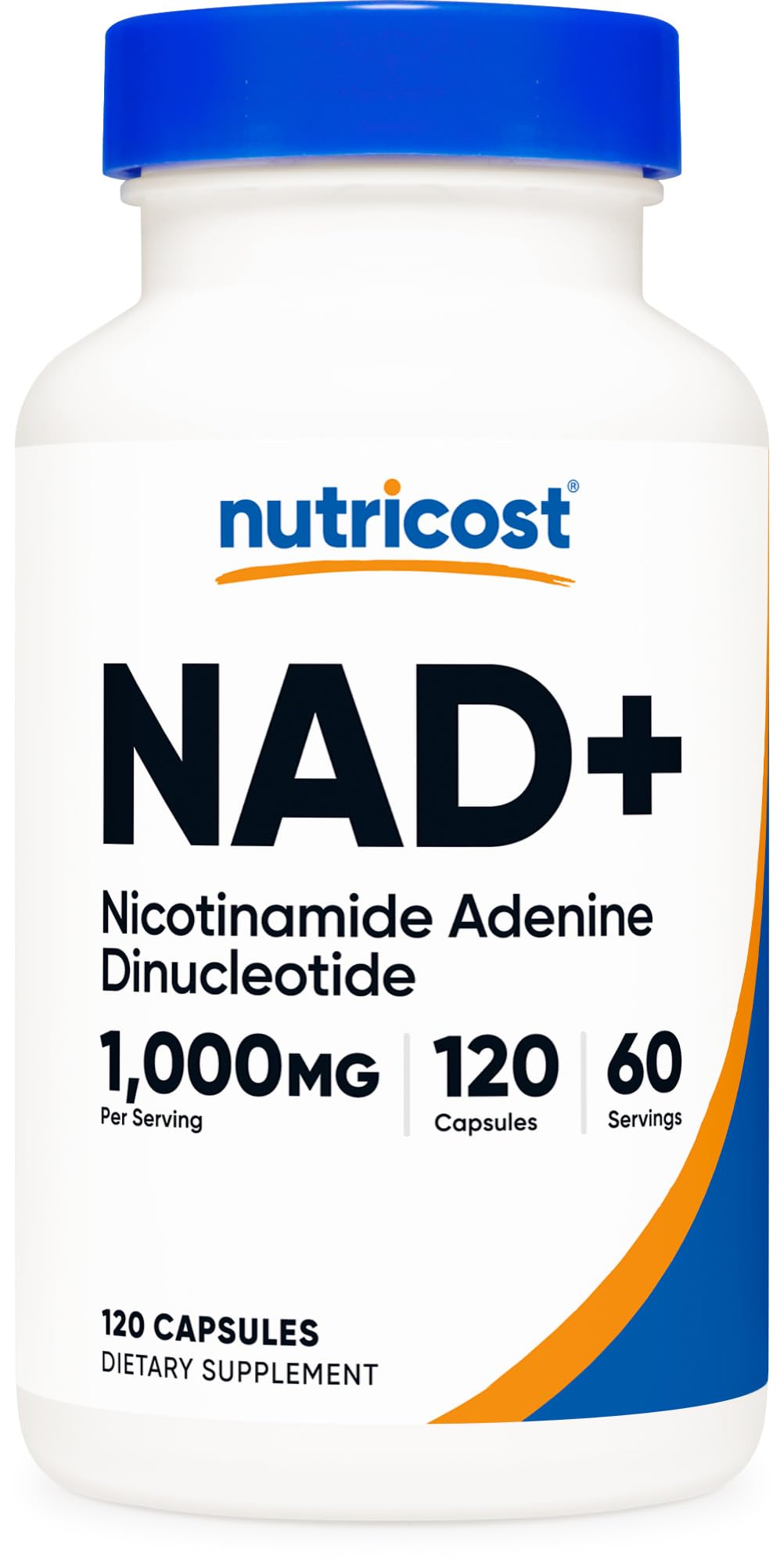 Nutricost NAD+ supplement bottle with blue cap and white body.