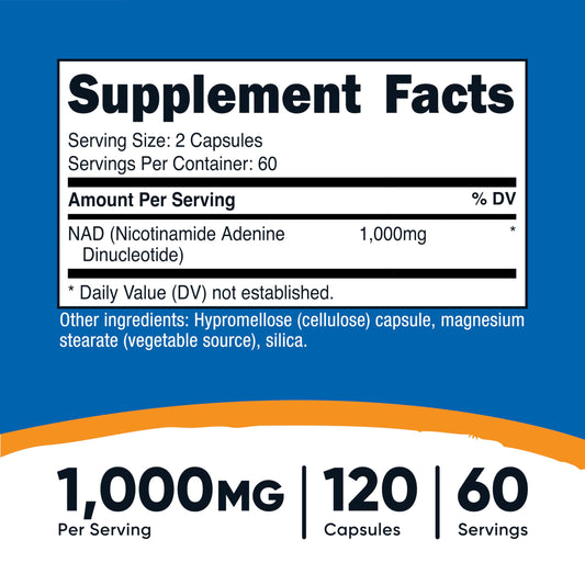 Suplemento NAD+ de Nutricost 1000mg 60 porciones 120 cápsulas
