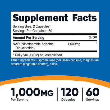 Suplemento NAD+ de Nutricost 1000mg 60 porciones 120 cápsulas