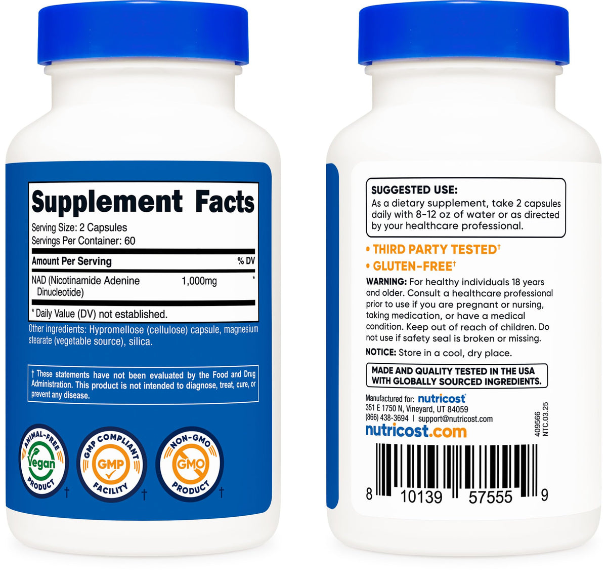 Suplemento NAD+ de Nutricost 1000mg 60 porciones 120 cápsulas