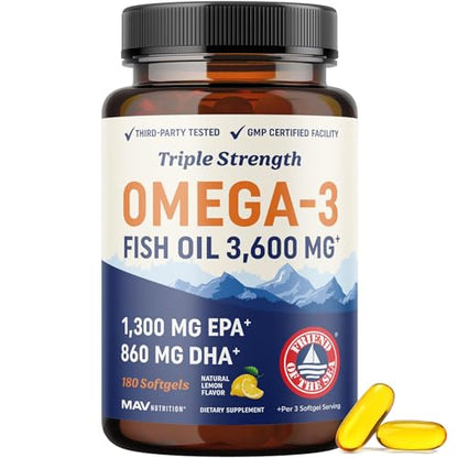 Omega-3 fish oil supplement bottle with label on a white background