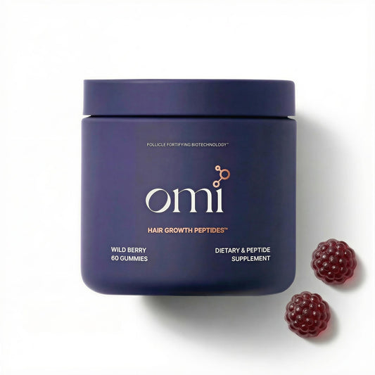Blue container of omi hair growth peptides with wild berries on a white background