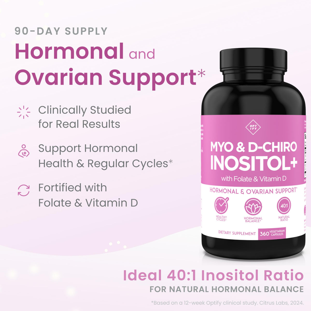 Optify Inositol para mujeres – Suministro para 90 días, Myo-inositol a D-Chiro inositol 40:1, folato y vitamina D