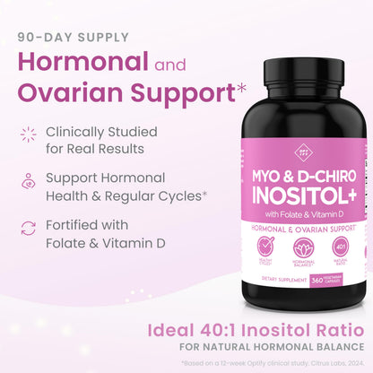 Optify Inositol para mujeres – Suministro para 90 días, Myo-inositol a D-Chiro inositol 40:1, folato y vitamina D