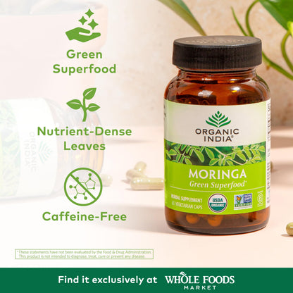 Organic India Cápsulas Vegetales de Hojas de Moringa 60 ud. | Superalimento Vegano