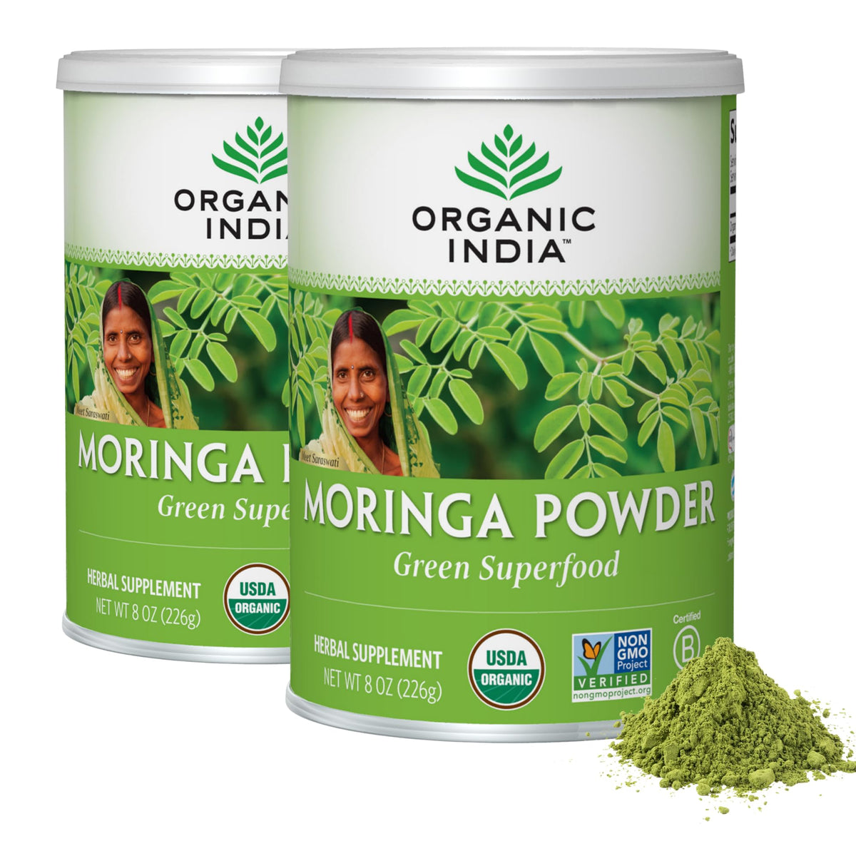 Organic India Moringa Powder 2-Pack | USDA Organic Green Superfood