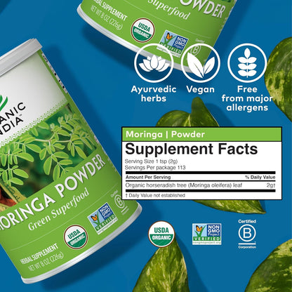 Organic India Moringa Powder 2-Pack | USDA Organic Green Superfood