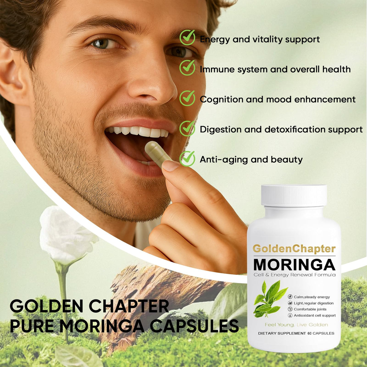 Golden Chapter Cápsulas de Moringa con Hierro, Magnesio, B12 y Vitamina C, 60 unidades