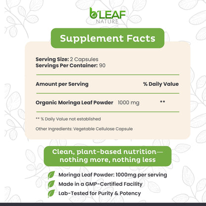 Cápsulas de moringa orgánica B'Leaf Nature 1000 mg | 180 cápsulas veganas sin OMG