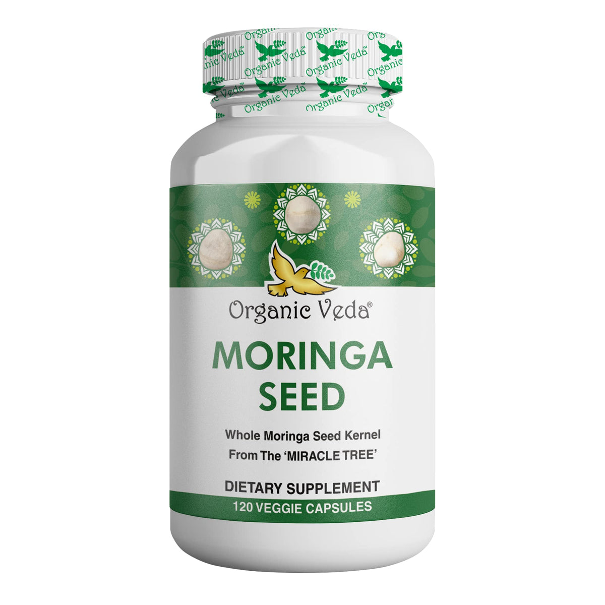 Bottle of Organic Veda Moringa Seed dietary supplement on a white background
