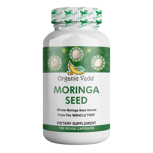 Bottle of Organic Veda Moringa Seed dietary supplement on a white background