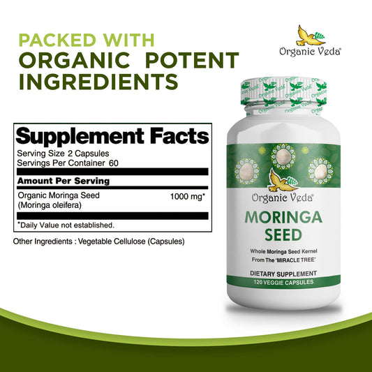 Organic Veda Cápsulas de Semilla de Moringa 1000mg | 120unidades con Omega 3-6-9