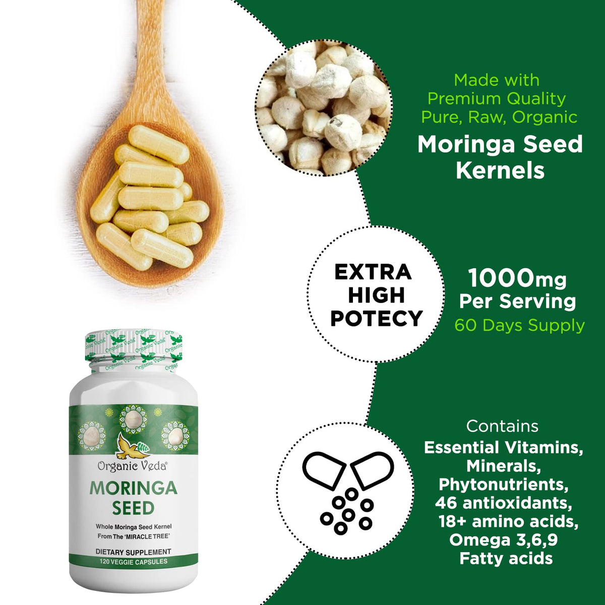 Organic Veda Cápsulas de Semilla de Moringa 1000mg | 120unidades con Omega 3-6-9