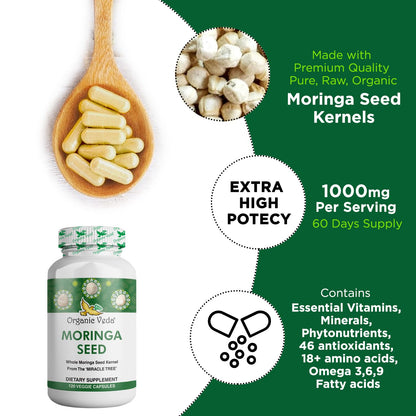 Organic Veda Cápsulas de Semilla de Moringa 1000mg | 120unidades con Omega 3-6-9