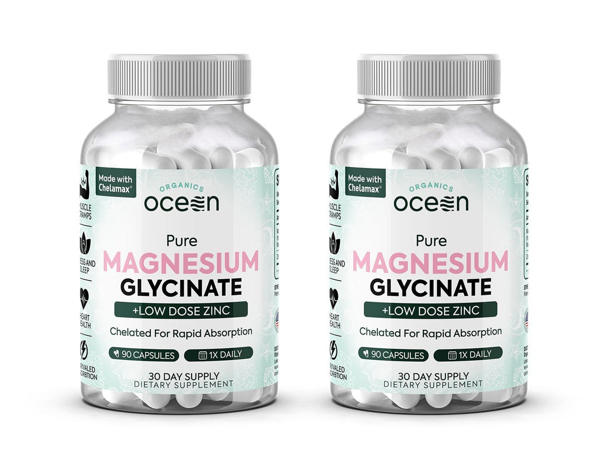 Two bottles of Ocean Organics Pure Magnesium Glycinate with Low Dose Zinc on a white background