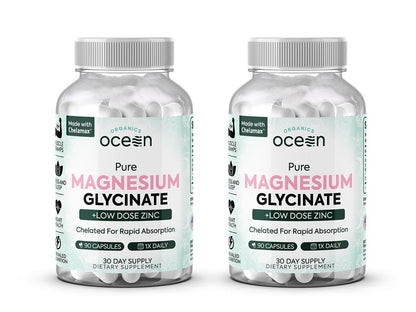 Two bottles of Ocean Organics Pure Magnesium Glycinate with Low Dose Zinc on a white background