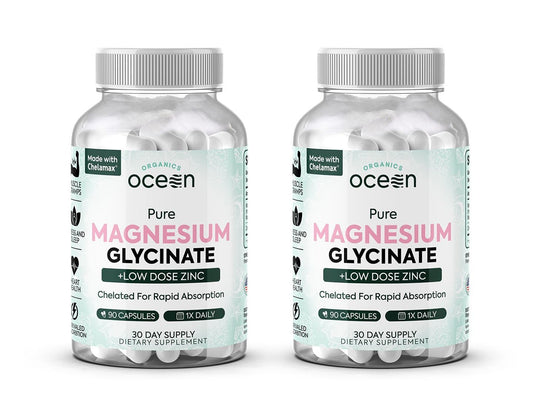 Two bottles of Ocean Organics Pure Magnesium Glycinate with Low Dose Zinc on a white background