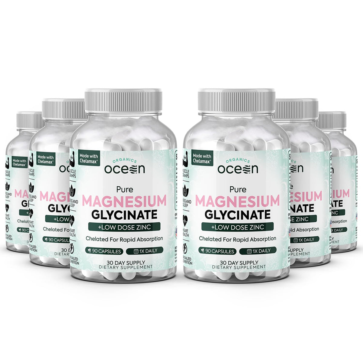 Multiple bottles of Ocean Nutrition Pure Magnesium Glycinate on a white background