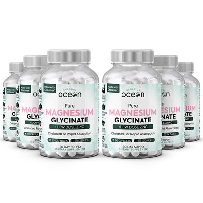 Multiple bottles of Ocean Nutrition Pure Magnesium Glycinate on a white background