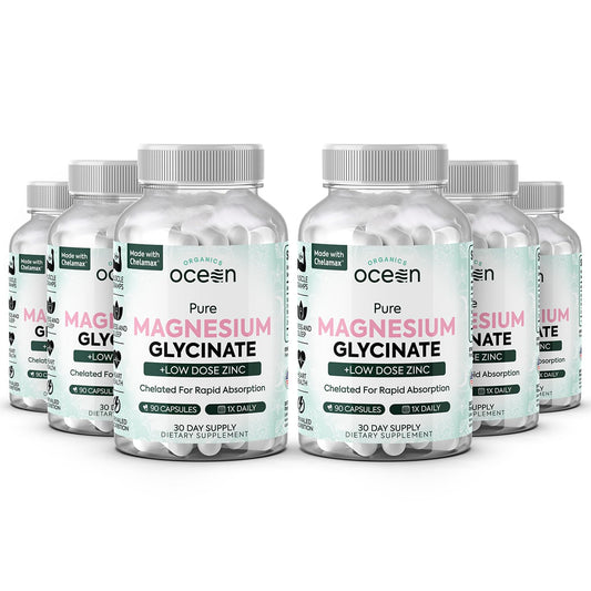 Multiple bottles of Ocean Nutrition Pure Magnesium Glycinate on a white background