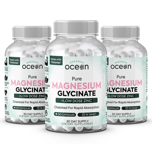 Three bottles of Ocean Organics Pure Magnesium Glycinate with Low Dose Zinc on a white background
