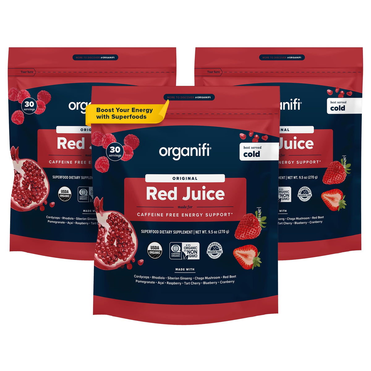 Multiple packages of Organifi Red Juice on a white background