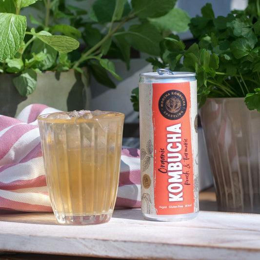 Kombucha can and glass with ice on a wooden surface with plants in the background