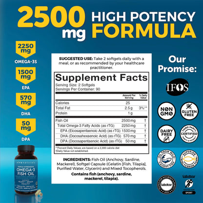 Triple Strength Omega-3 Fish Oil 2500mg | 180 Softgels | IFOS Certified