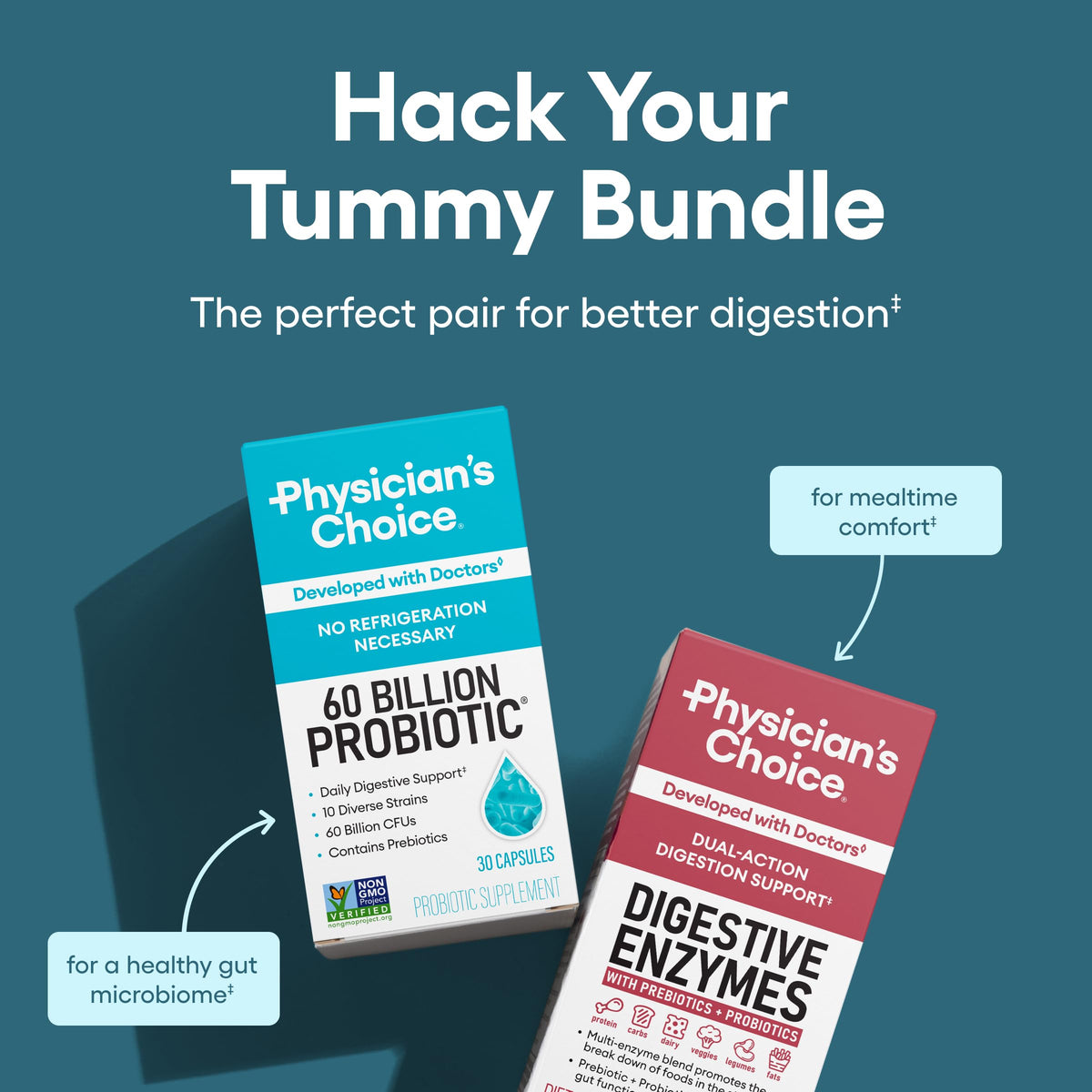 Physician's CHOICE Advanced Gut Health Bundle: 60B Probiotics 30ct + Digestive Enzymes 60ct - Calm Era