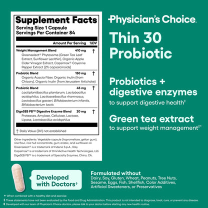 Physician's CHOICE Probióticos – Control de peso e hinchazón, 6 cepas, 84 unidades