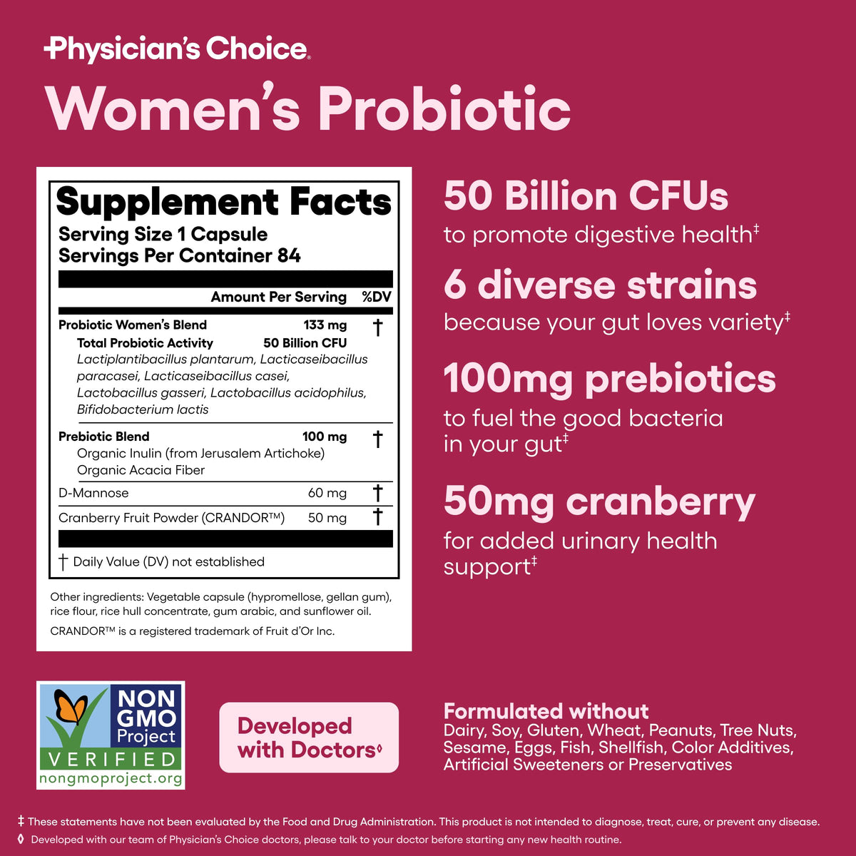 Physician's CHOICE Probiotics for Women - 50B CFU, 6 Strains, Cranberry + Organic Prebiotics - 84 CT - Calm Era