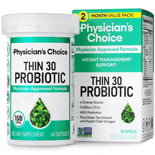 Thin 30 Probiotic supplement container and packaging with 'Physician's Choice' branding.