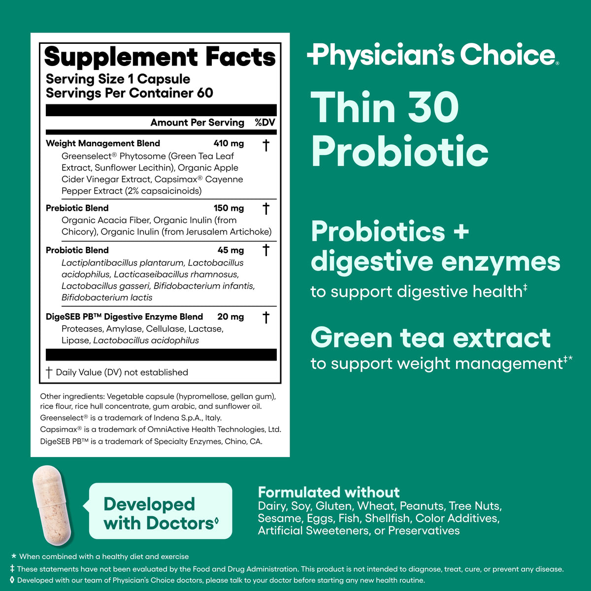 Probióticos Physician's Choice para el control de peso e hinchazón – 6 cepas, 60 cápsulas