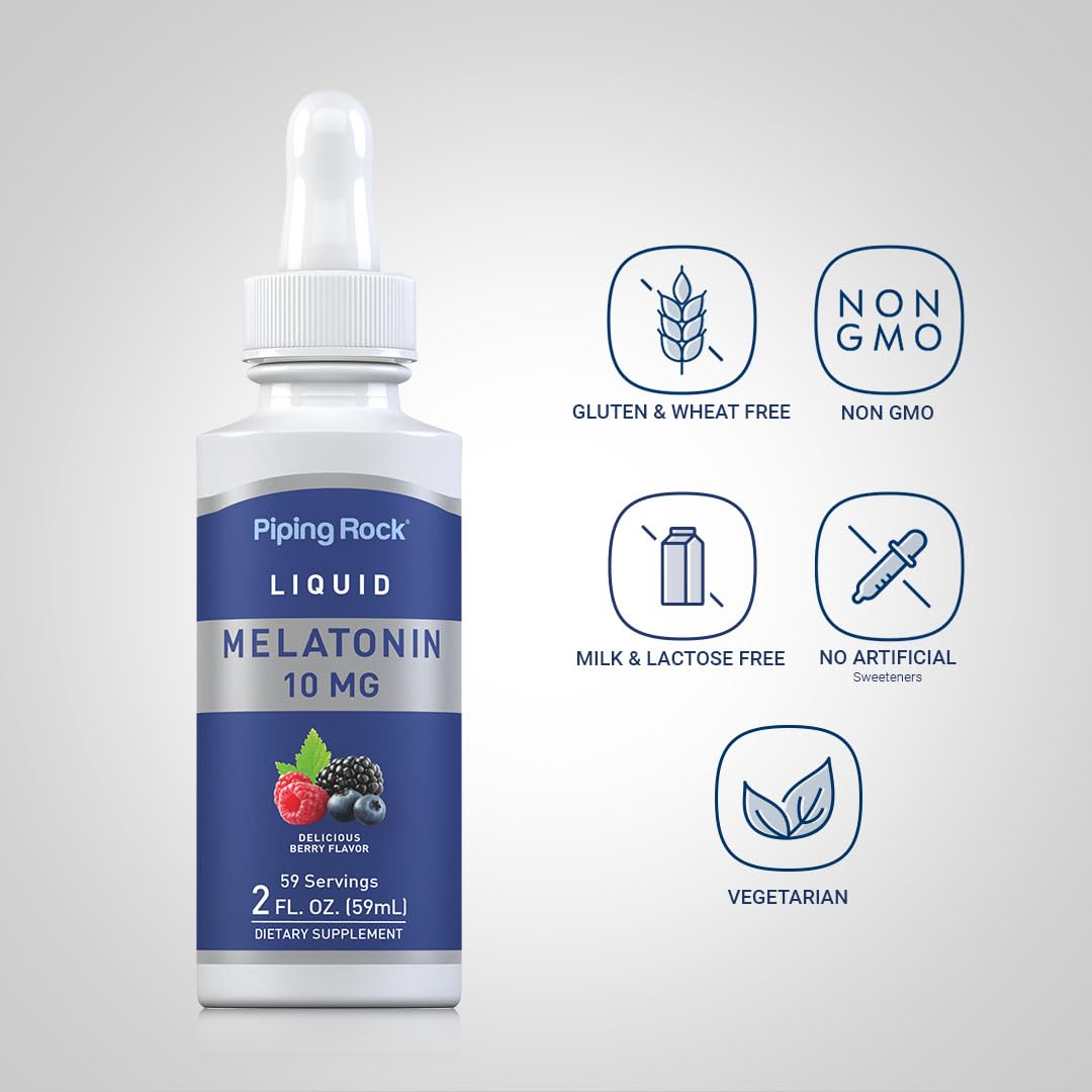 Piping Rock Melatonina Líquida 10 mg – Gotas con Sabor a Bayas, 2 fl oz | Sin OMG, Sin Gluten