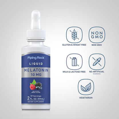 Piping Rock Melatonina Líquida 10 mg – Gotas con Sabor a Bayas, 2 fl oz | Sin OMG, Sin Gluten