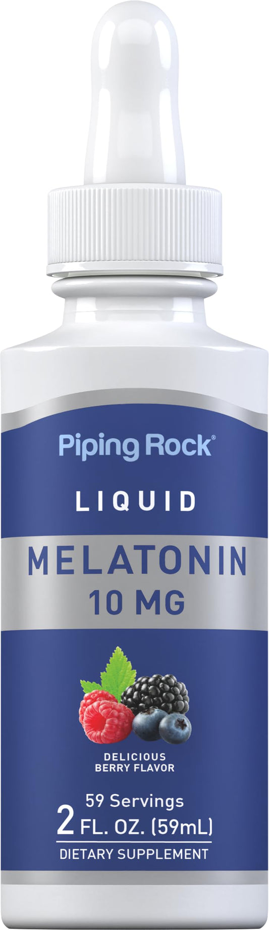 Piping Rock Melatonina Líquida 10 mg – Gotas con Sabor a Bayas, 2 fl oz | Sin OMG, Sin Gluten