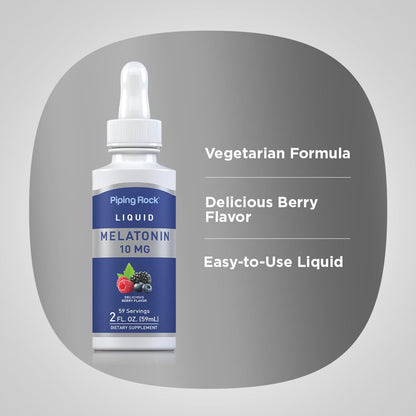 Piping Rock Melatonina Líquida 10 mg – Gotas con Sabor a Bayas, 2 fl oz | Sin OMG, Sin Gluten