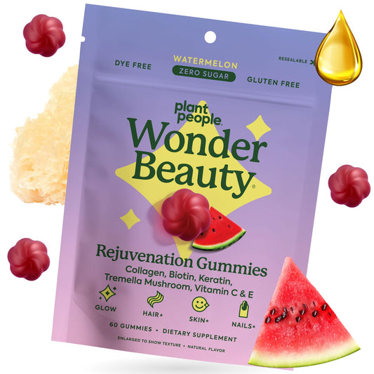 Purple package of Wonder Beauty Rejuvenation Gummies with watermelon flavor, surrounded by watermelon slices and a drop of oil.