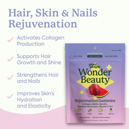 Gomitas WonderBeauty de Plant People – Cabello, Piel y Uñas | Tremella, Colágeno Marino, Queratina y Biotina | Sandía | 60 Gomitas