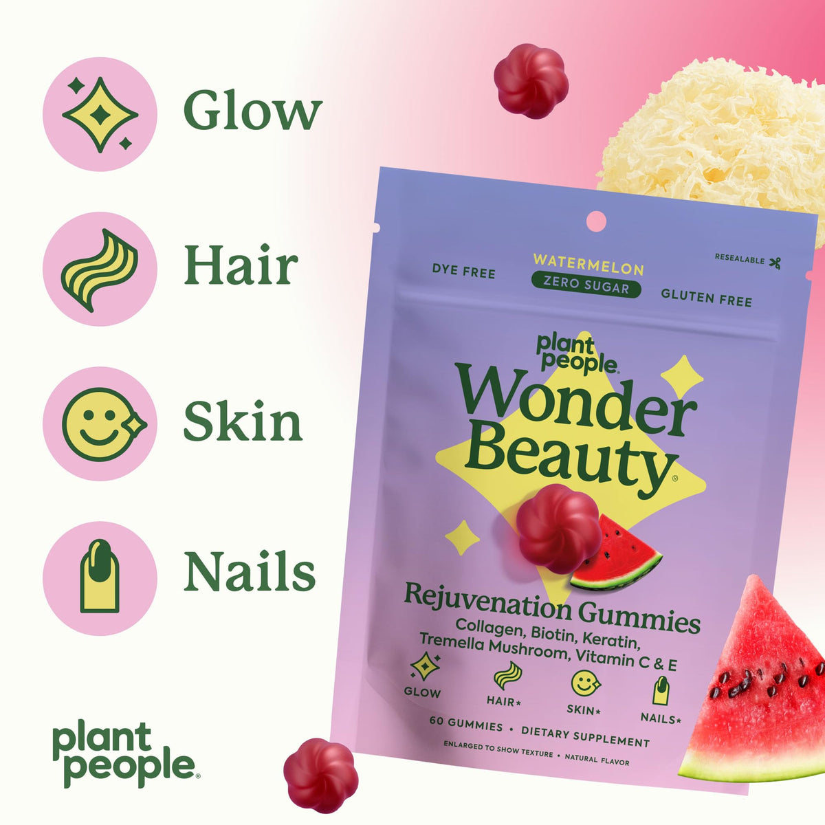Gomitas WonderBeauty de Plant People – Cabello, Piel y Uñas | Tremella, Colágeno Marino, Queratina y Biotina | Sandía | 60 Gomitas