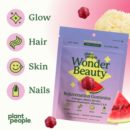 Gomitas WonderBeauty de Plant People – Cabello, Piel y Uñas | Tremella, Colágeno Marino, Queratina y Biotina | Sandía | 60 Gomitas